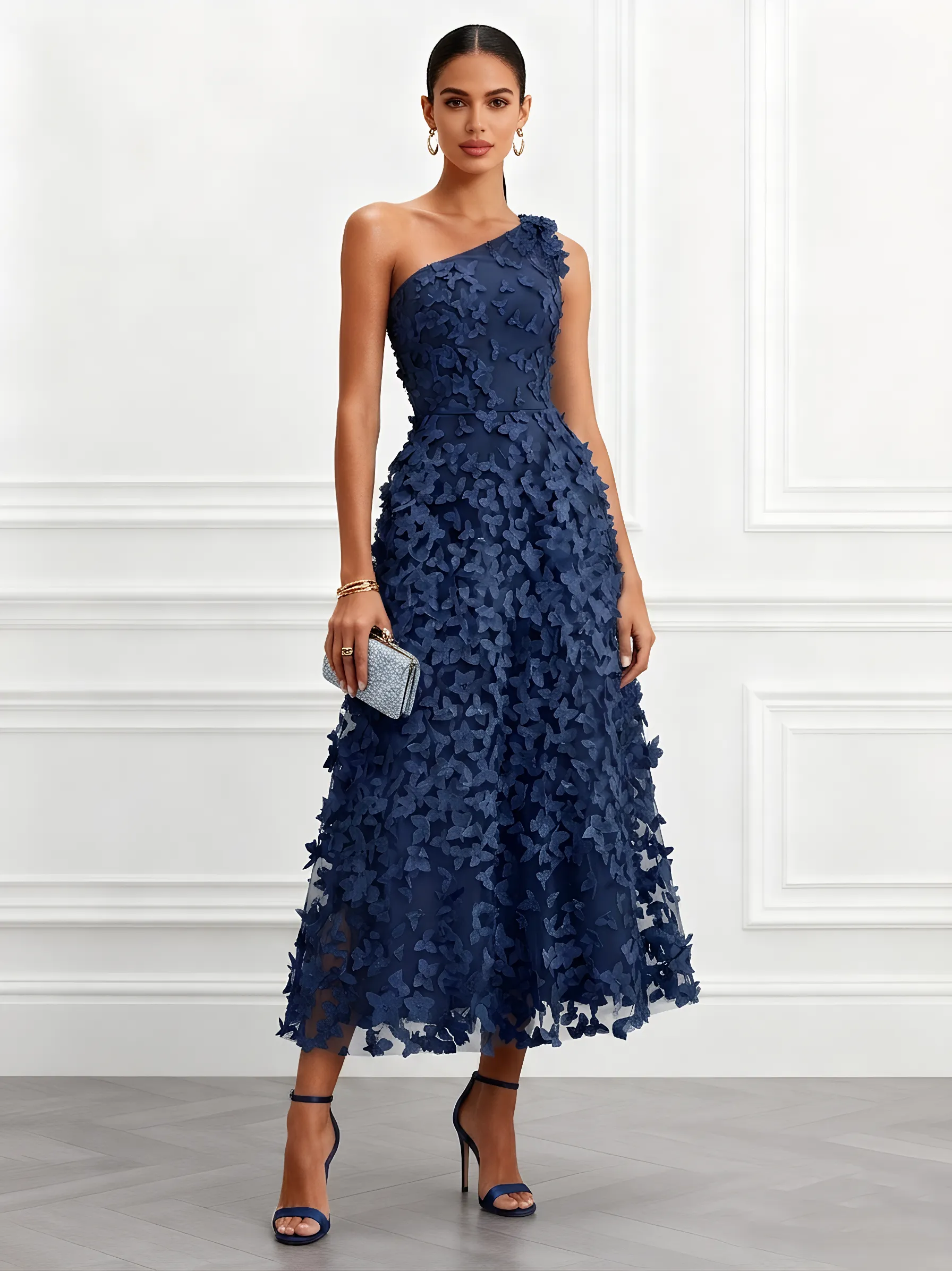 Purplish Blue 3D Floral Appliqué Embroidery Classic One Shoulder Sleeveless A-Line Midi Dress