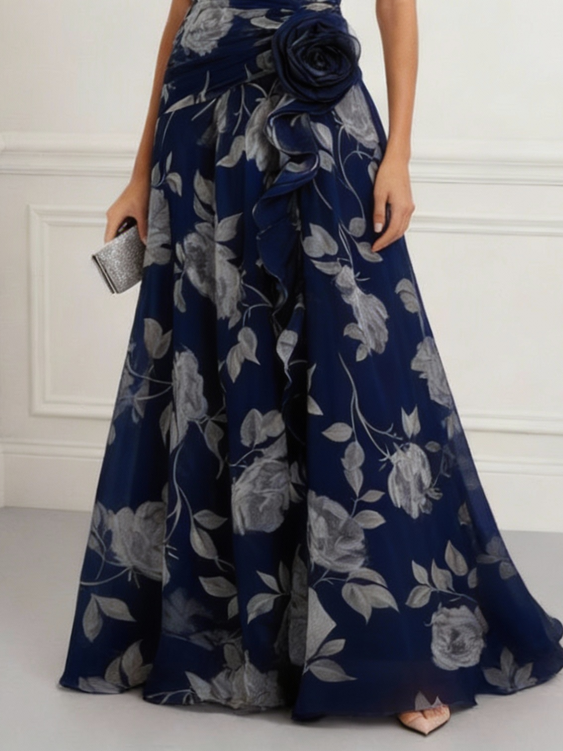 Purplish Blue Floral 3D Floral Tulle Strapless Sleeveless A-Line Floor-length Gown Dress