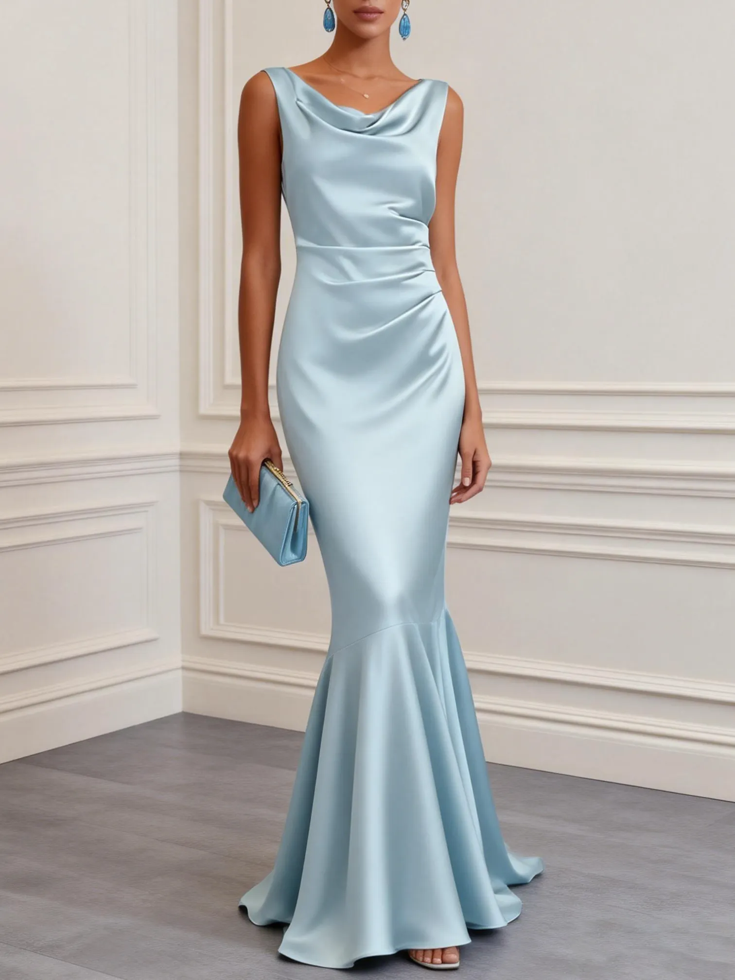 Light Blue Ruched Satin Cowl Neck Sleeveless Mermaid Gown Dress - Light Blue