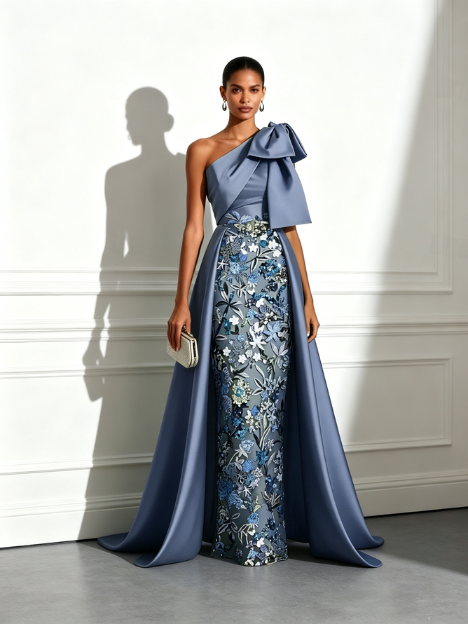 Blue Bow Satin Sequin One Shoulder Sleeveless A-Line Gown Dress