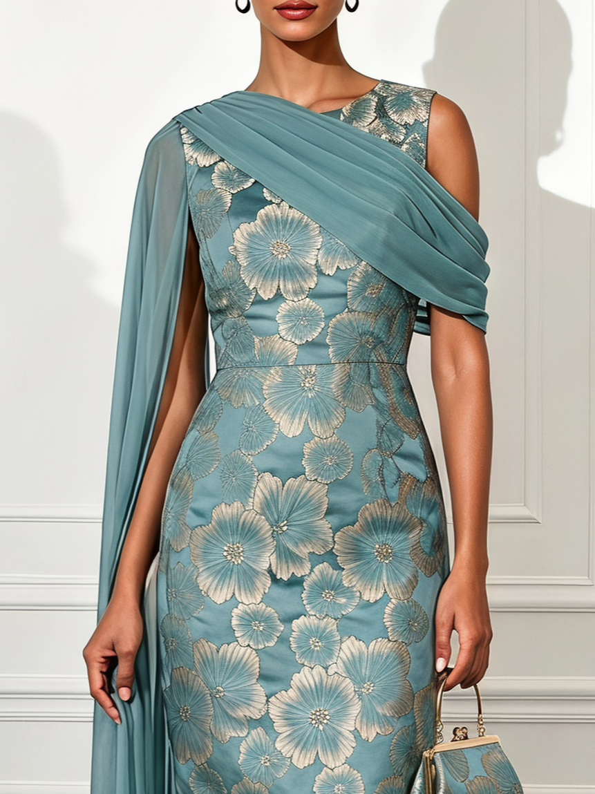 Cyan Jacquard Classic Crew Neck Sleeveless Sheath Maxi Dress - Cyan