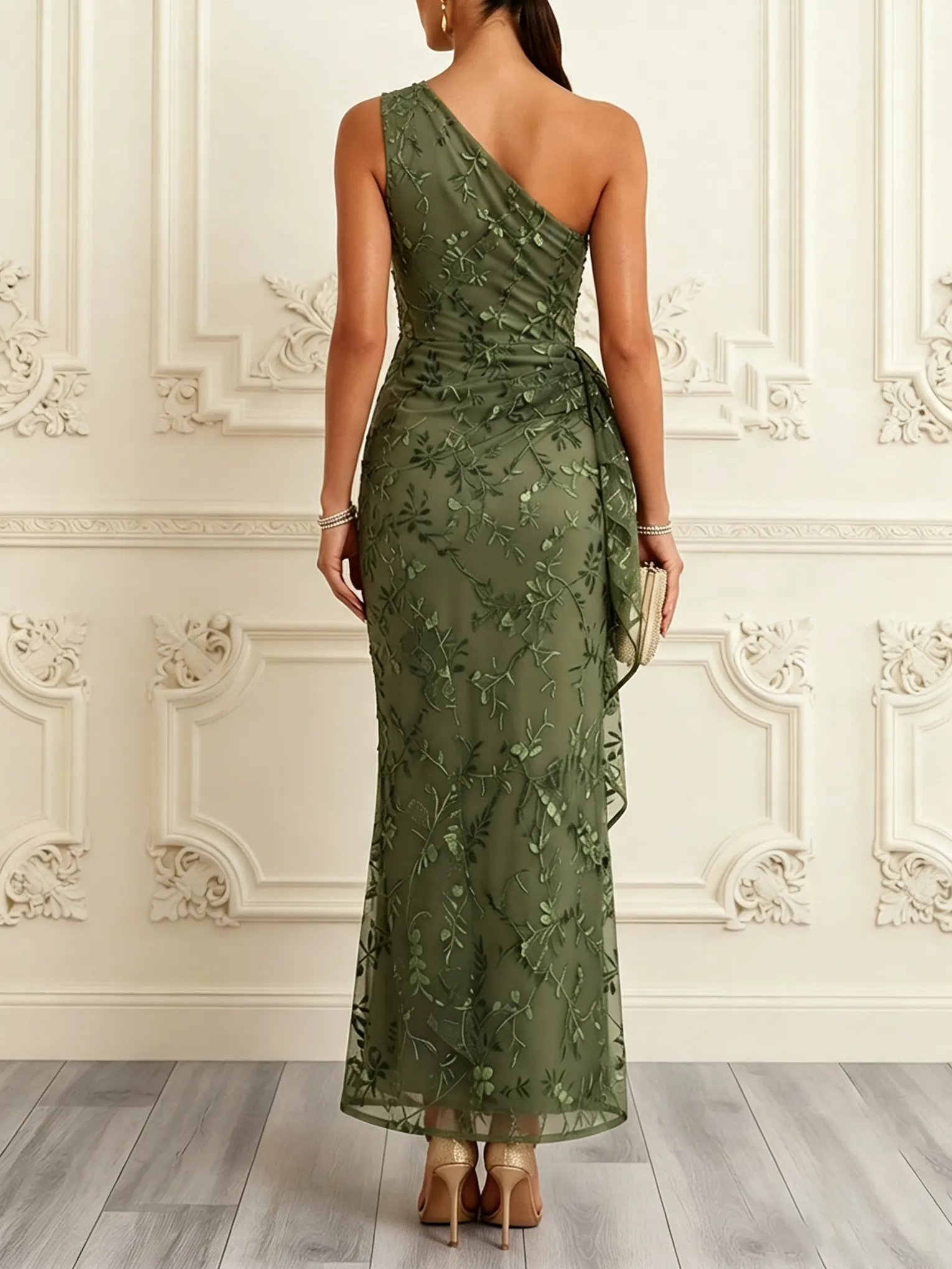 Army Green 3D Floral Ruffled Classic One Shoulder Sleeveless Mermaid Maxi Dress