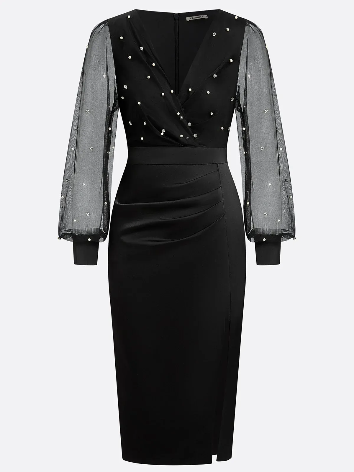 Black Beaded Slit Satin V Neck Long Sleeve Balloon Sleeve Sheath Midi Dress
