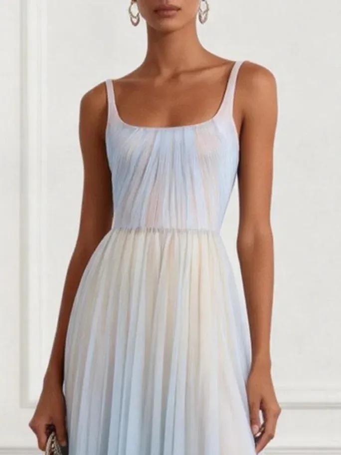Light Blue Ruched Classic Square Neck Sleeveless A-Line Midi Dress