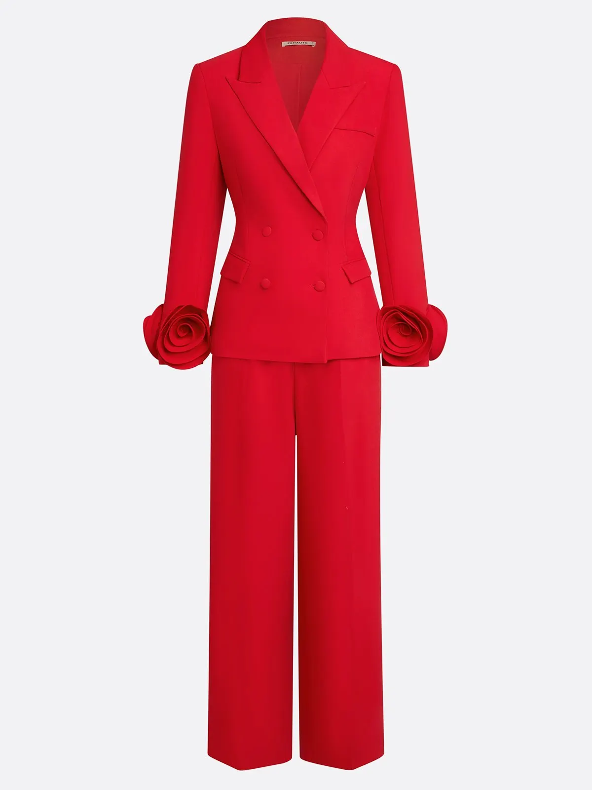 Women Red 3D Floral Lapel Collar Long Sleeve Dressy Blazer With Pants Two-Piece Set