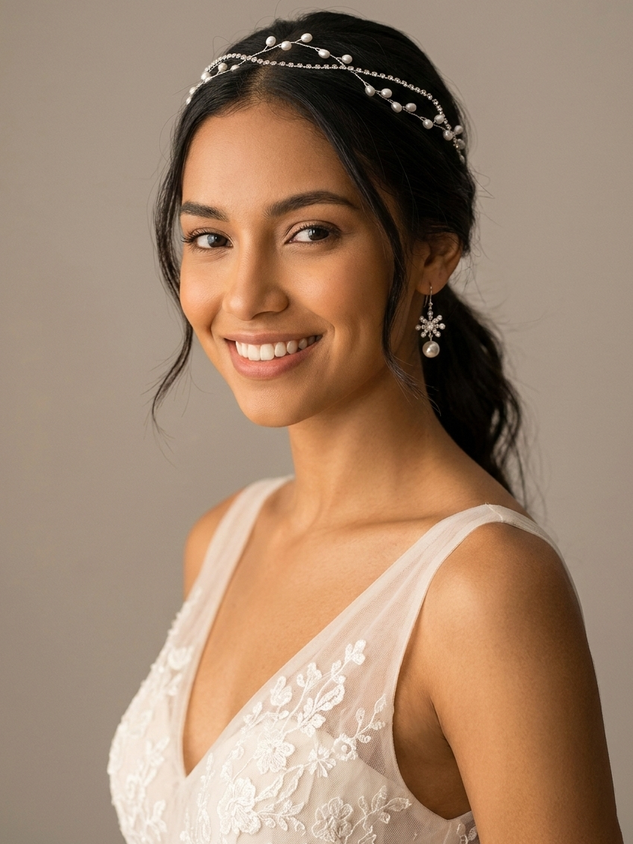Sparkling Minimalist Electroplated Rhinestone Faux Pearl Chain Wedding Headpiece Headband
