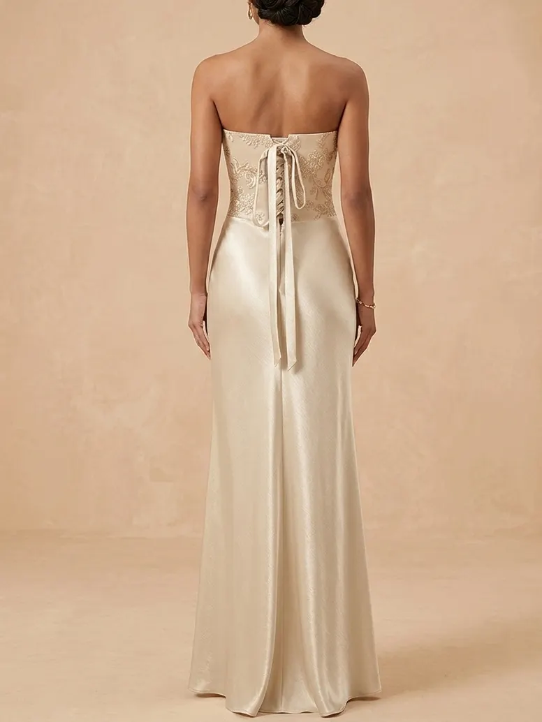 Strapless Satin Mother of the Bride Dress with Embroidered Bodice - Champagne