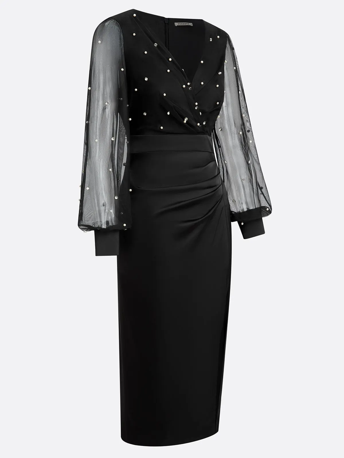 Black Beaded Slit Satin V Neck Long Sleeve Balloon Sleeve Sheath Midi Dress