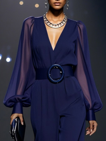 Dark Blue Mesh V Neck Balloon Sleeve Chiffon Wide-Leg Jumpsuit With Pockets - Dark Blue