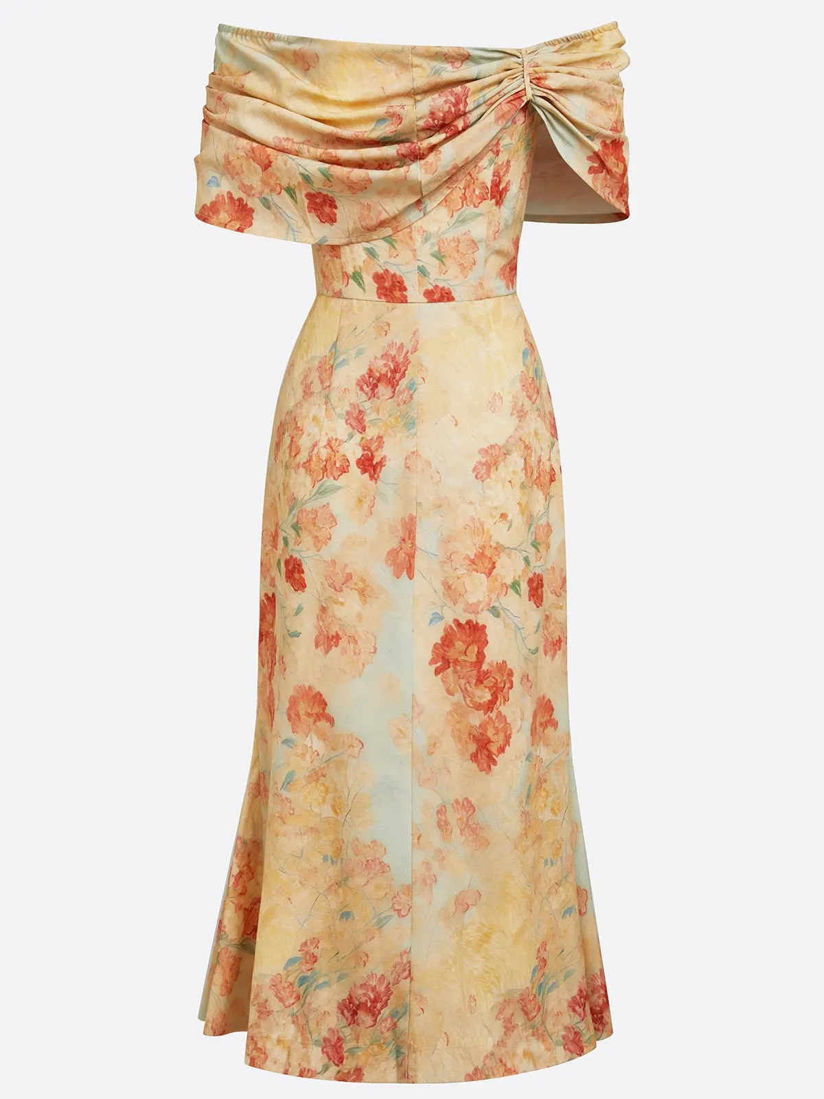 Elegant Floral Off-the-Shoulder Midi Mother of the Bride Dress