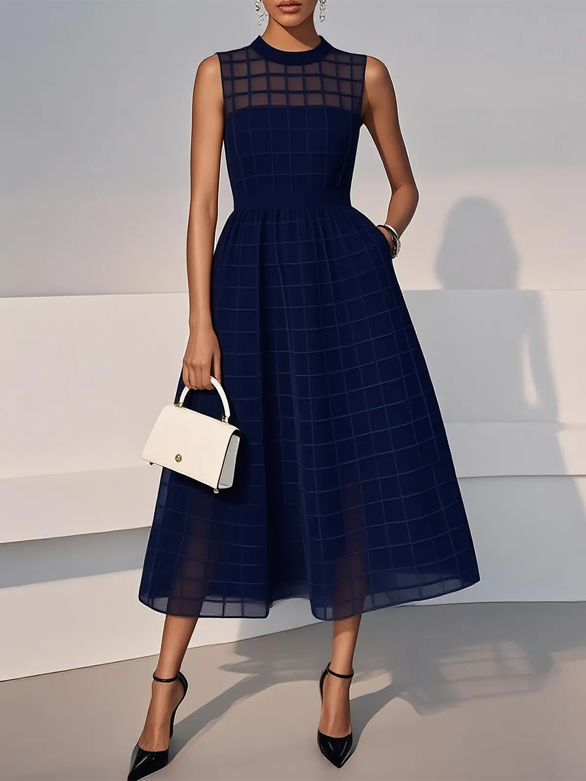 Navy Blue Organza Mesh Plaid Classic Crew Neck Sleeveless A-Line Midi Dress - Navy Blue