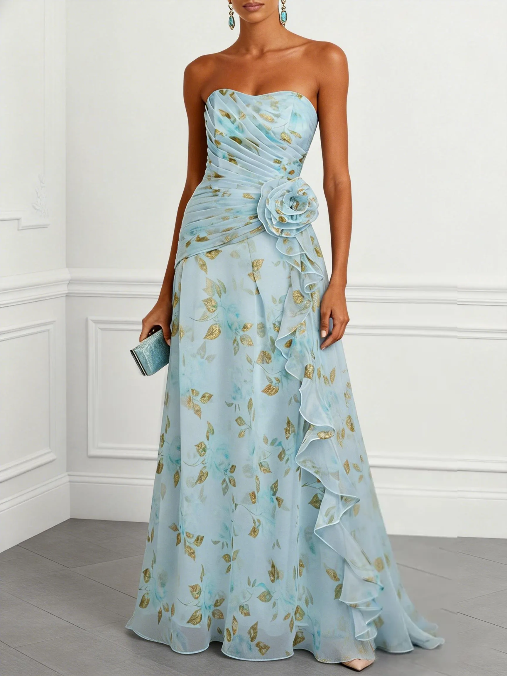 Light Blue Floral 3D Floral Tulle Strapless Sleeveless A-Line Floor-length Gown Dress - Light Blue