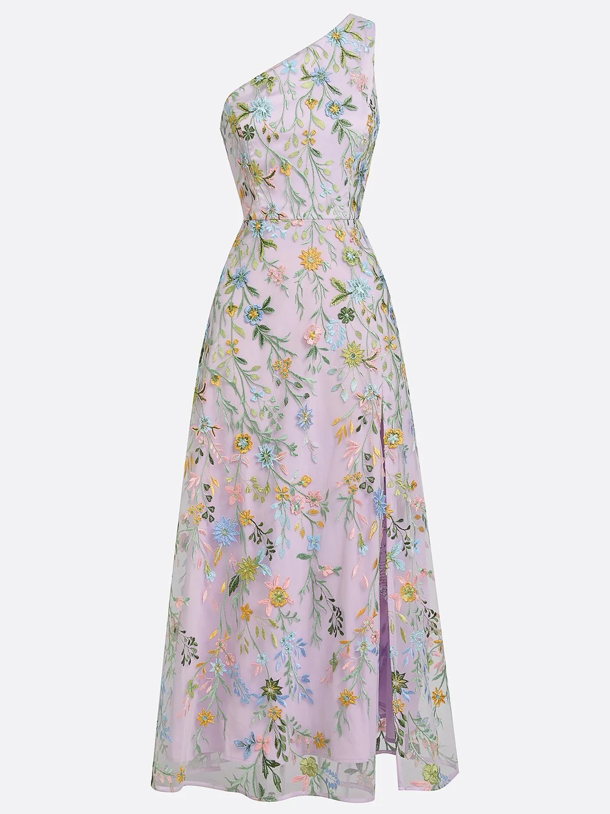Light Purple Floral Embroidered Classic One Shoulder Sleeveless A-Line Floor-length Gown Dress