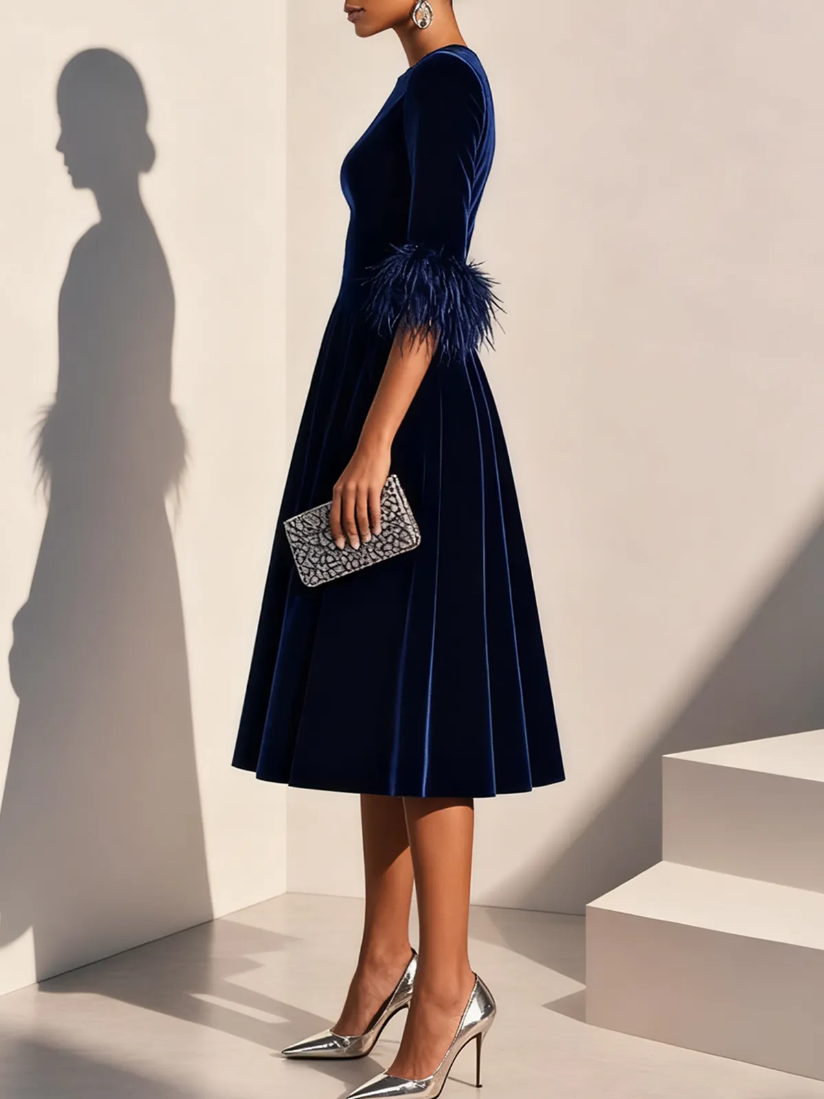 Purplish blue Feather-trimmed Velvet Crew Neck Half Sleeve A-Line Midi Dress