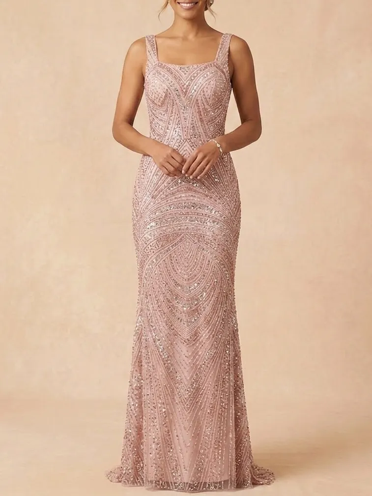 Sequin Mother of the Bride Dress - Rose Gold Geometric Beaded Maxi Gown