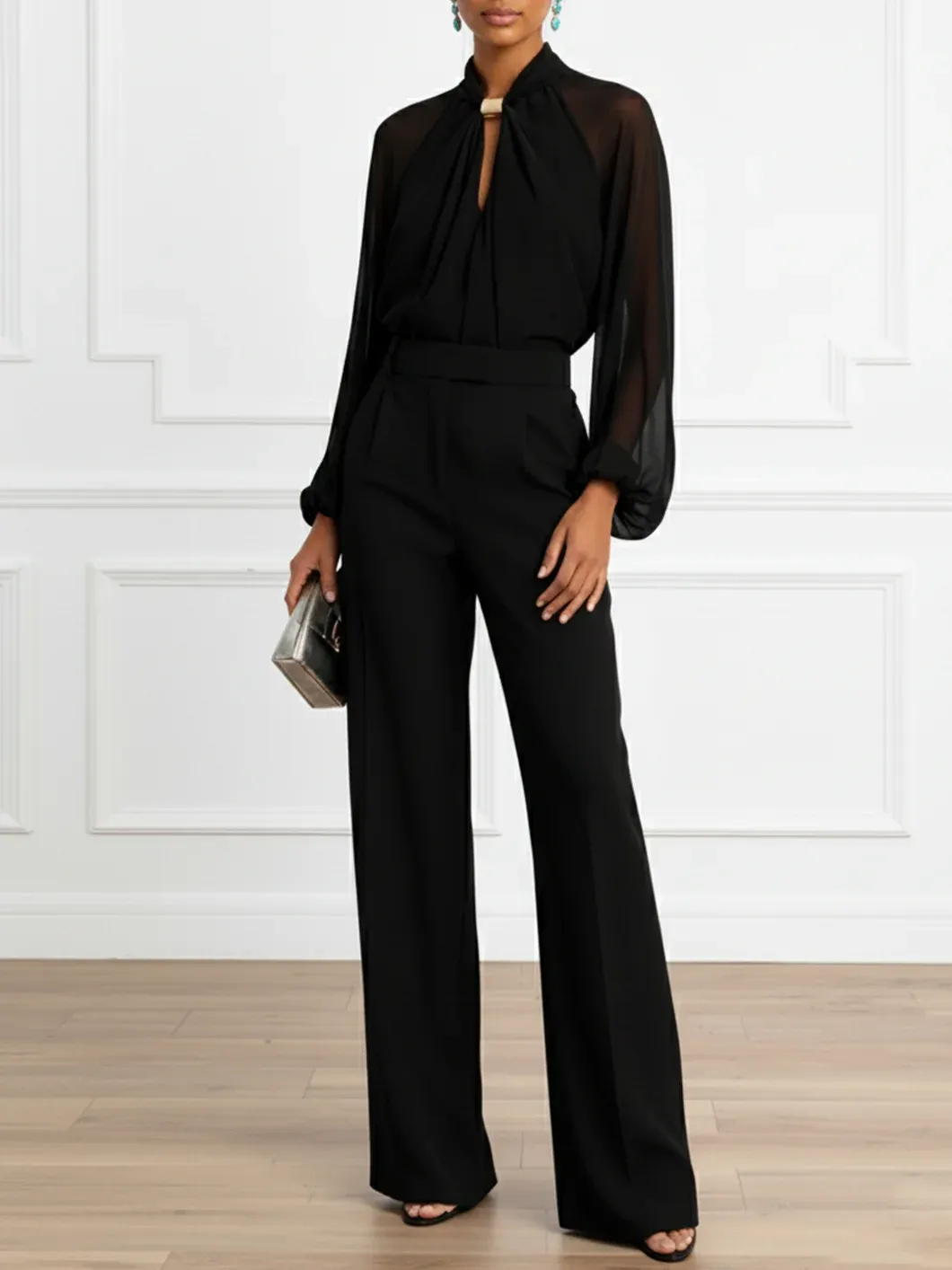 Women Black Metal Buckle Mock Neck Long Sleeve Balloon Sleeve Dressy Jumpsuit - Black