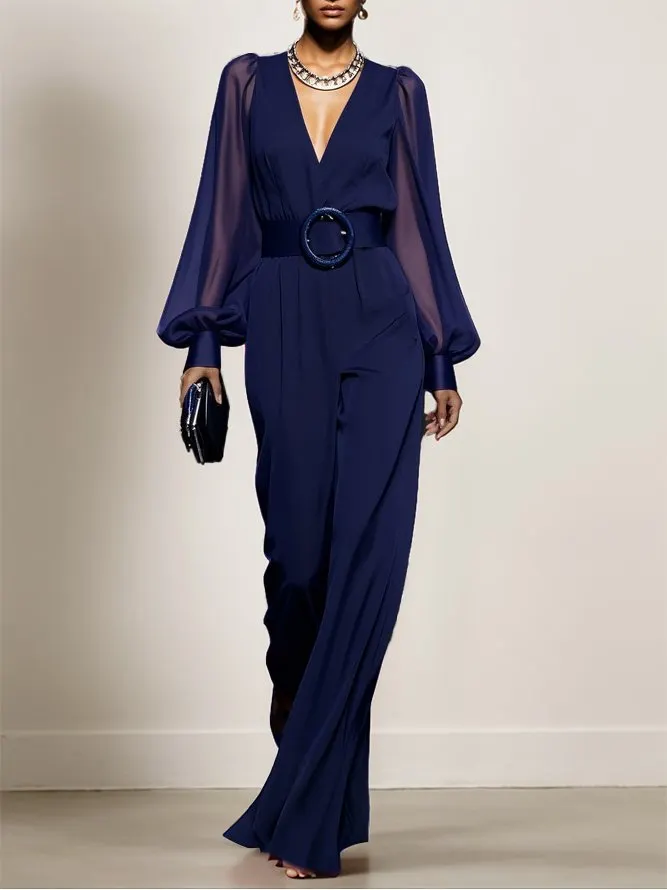 Dark Blue Mesh V Neck Balloon Sleeve Chiffon Wide-Leg Jumpsuit With Pockets