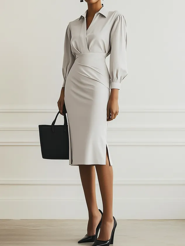 Women Light Blue Ruched Shirt Collar Long Sleeve Dressy Top With Skirt Two-Piece Set