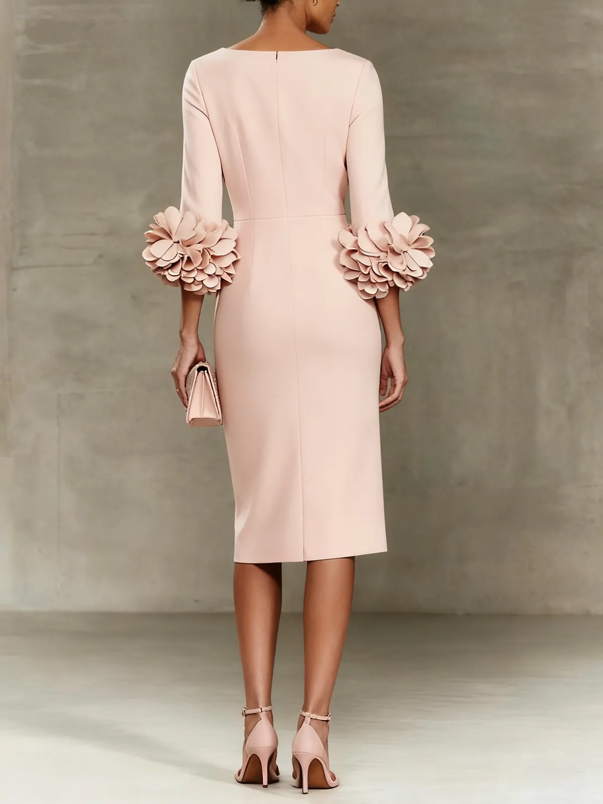 Light Pink 3D Floral Classic Crew Neck Half Sleeve Sheath Midi Dress