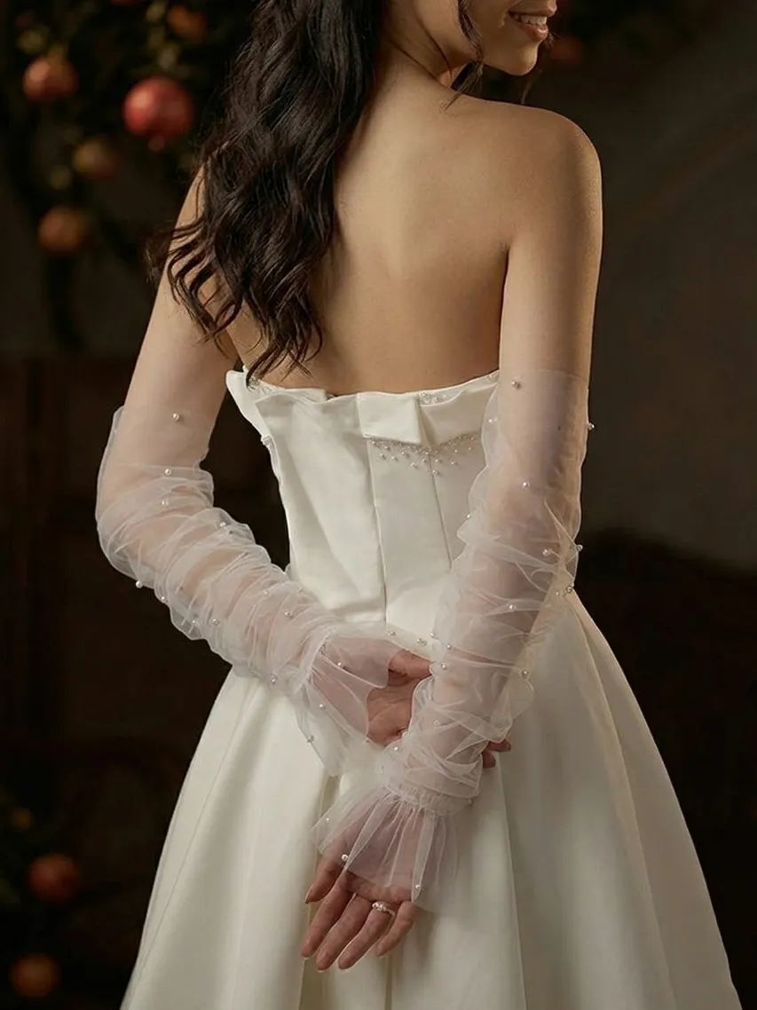 Long Slimming Fingerless Versatile Mesh Gloves For Brides, Beaded Flared Wedding Accessories Arm Sleeves Gloves