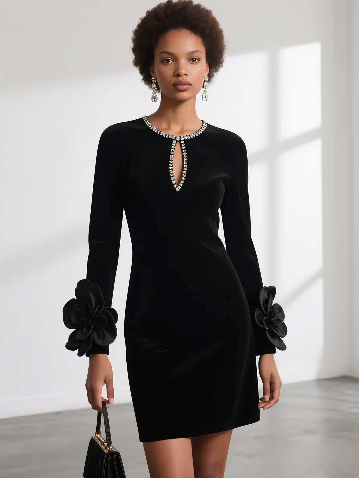 Black 3D Floral Rhinestone Velvet Crew Neck Long Sleeve Sheath Mini Dress