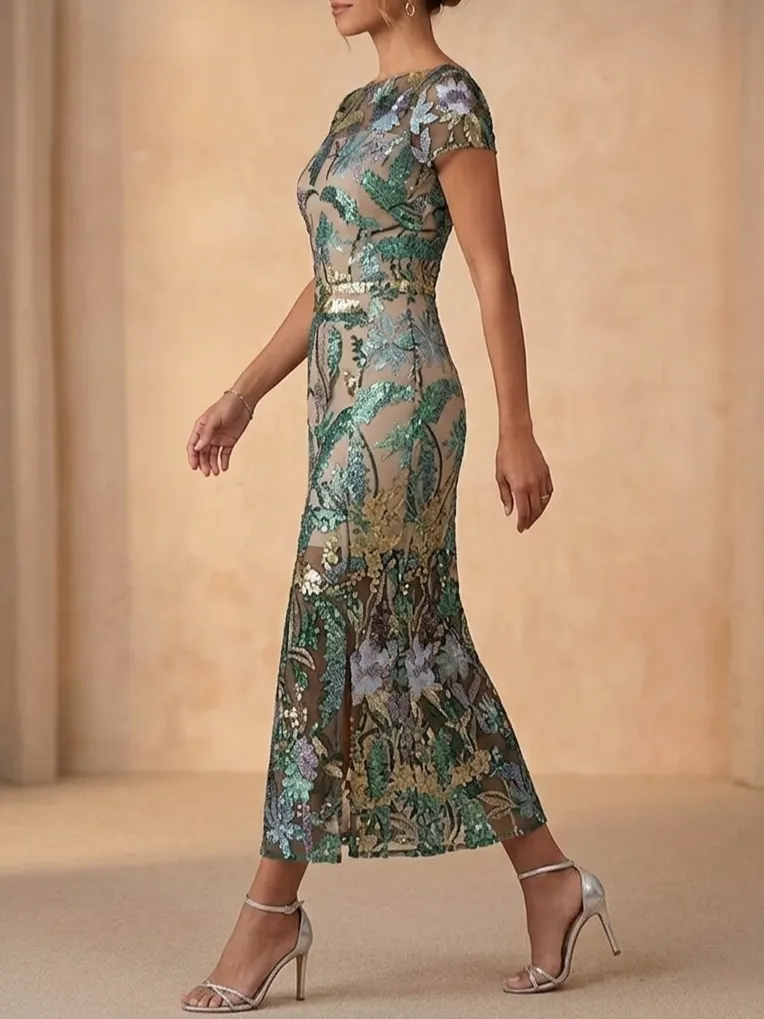 Embellished Sequin Mother of the Bride Dress - Ankle Length Short Sleeve Floral Evening Gown