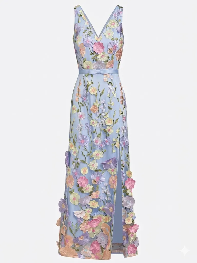 Light Blue Floral Appliqué Embroidered Classic V Neck Sleeveless A-Line Floor-length Gown Dress