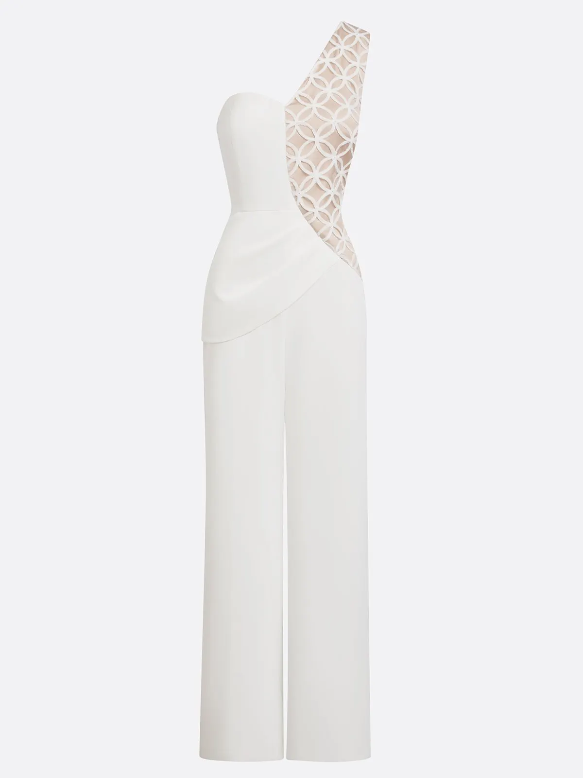 Women White Lace One Shoulder Sleeveless Elegant Jumpsuit