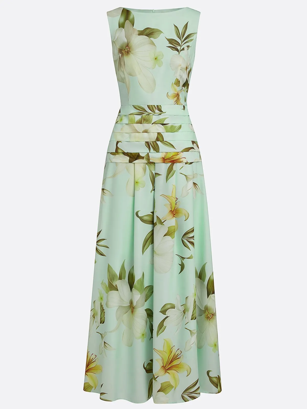 Light Green Floral Ruched Classic Boat Neck Sleeveless A-Line Floor-length Gown Dress
