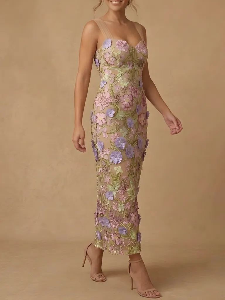 Elegant Pastel Floral Embroidered Mother of the Bride Maxi Dress with 3D Appliques