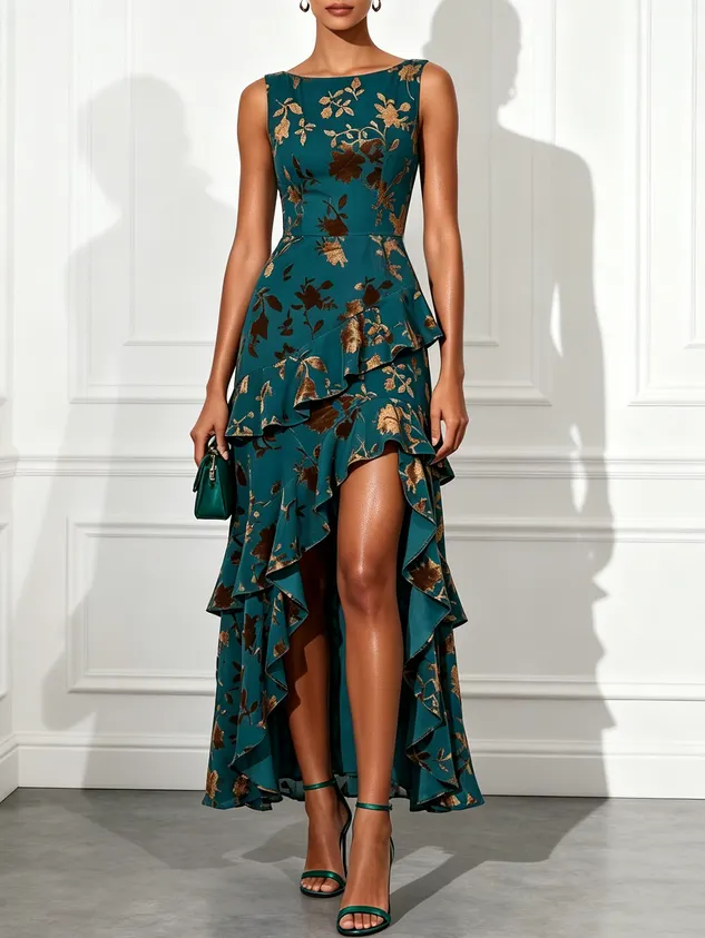 Green Jacquard Ruffled Classic Boat Neck Sleeveless A-Line Maxi Dress