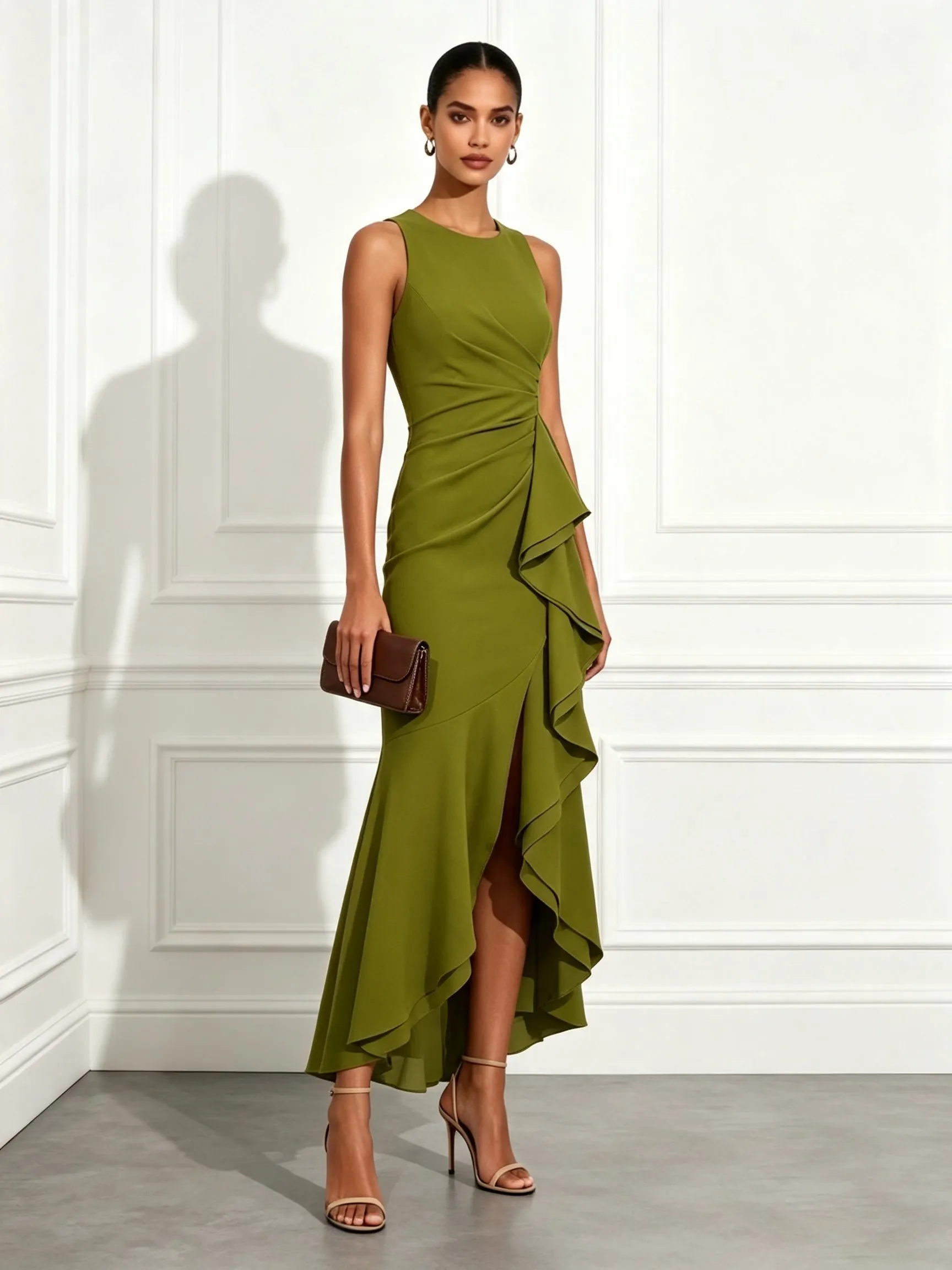Green Ruffled Knit Crew Neck Sleeveless Bodycon Maxi Dress