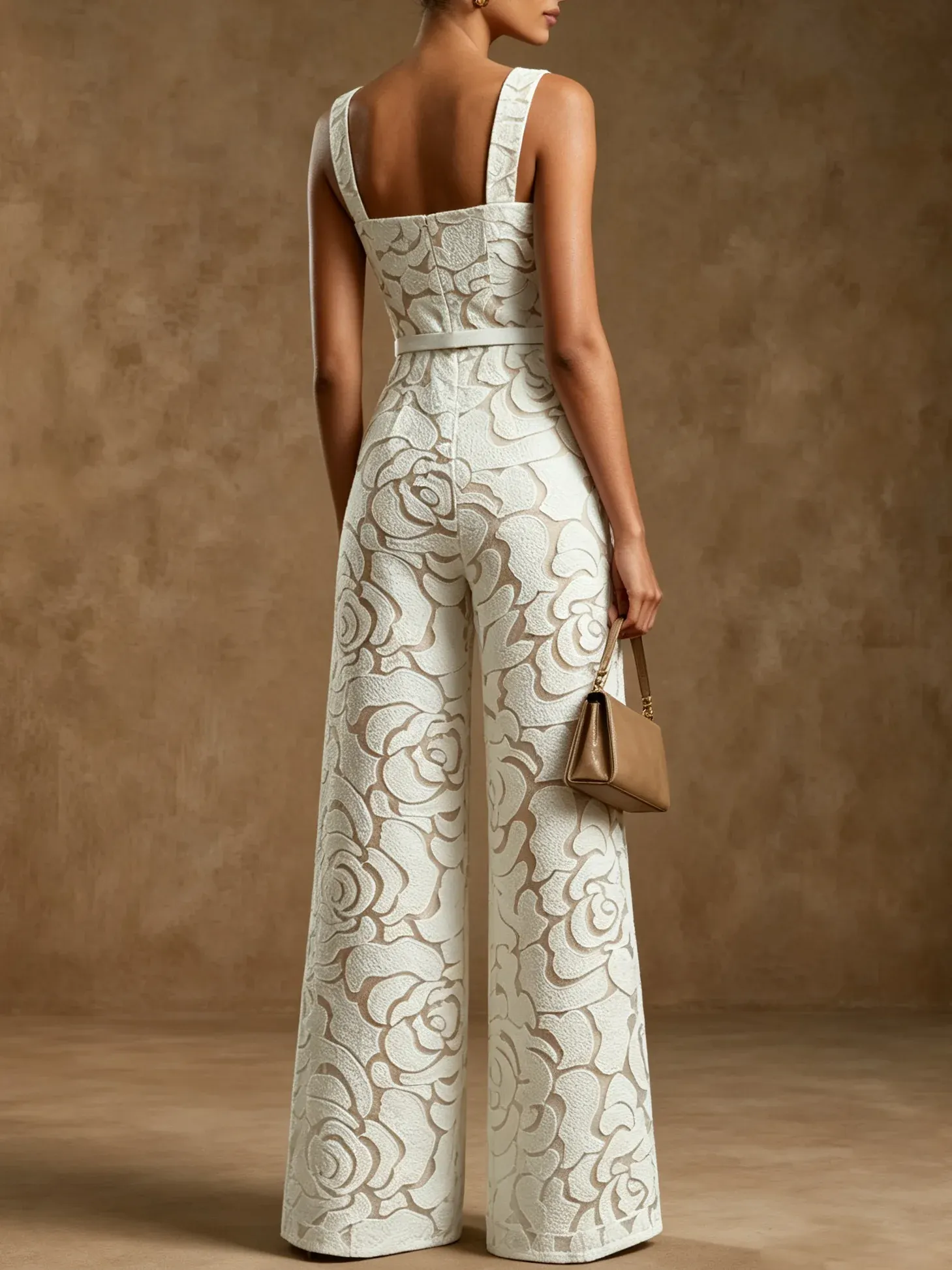 Women White Jacquard Square Neck Sleeveless Elegant Jumpsuit - White