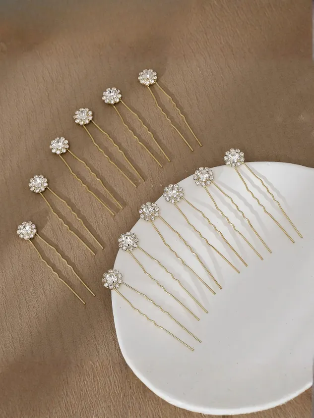 Bridal Floral Rhinestone U-shaped Hair Fork Set With Alloy Hairpins And Hair Ornaments