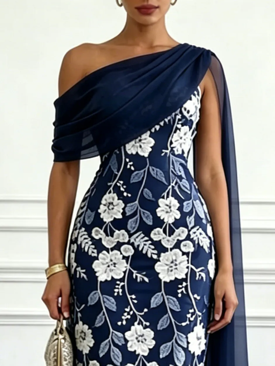 Navy Blue Embroidery Classic Strapless Sleeveless Sheath Midi Dress - Navy Blue