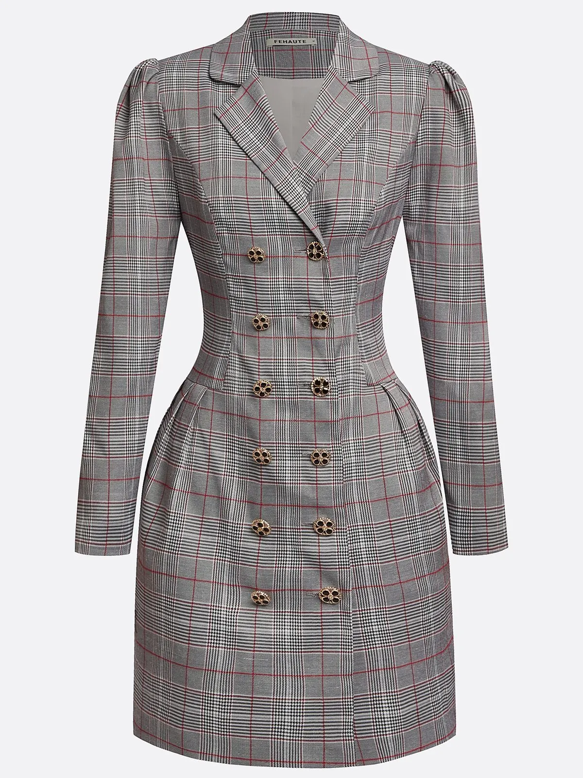 Gray Buckle Shoulder Pad Blazer Lapel Collar Long Sleeve A-Line Mini Dress