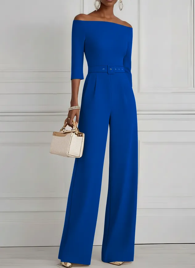 Women White Off The Shoulder Half Sleeve Dressy Jumpsuit With Pockets
