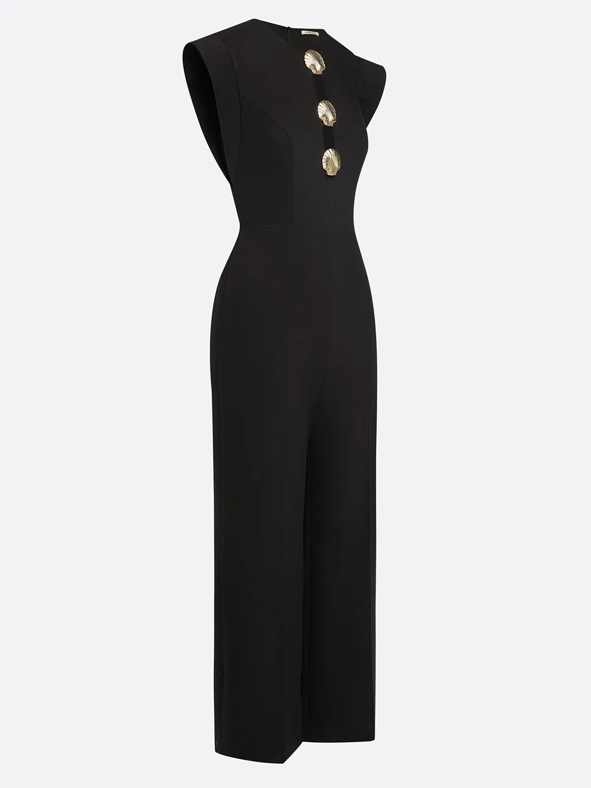 Women Black Buckle Hollow Out Crew Neck Cap Sleeve Dressy Jumpsuit