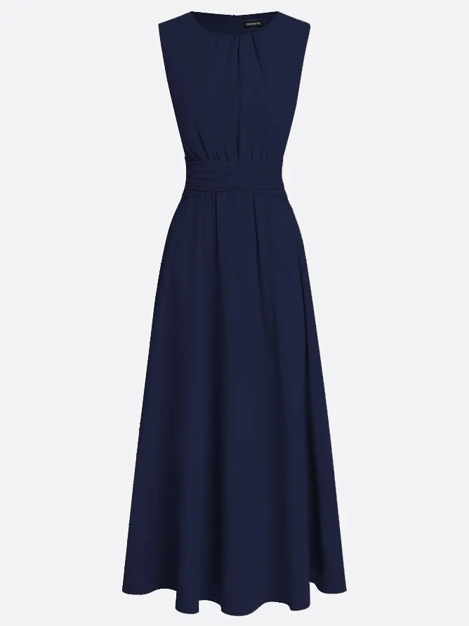 Navy Blue Ruched Chiffon Crew Neck Sleeveless A-Line Maxi Dress