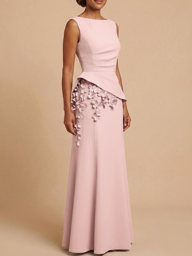 Elegant Blush Pink Mother of the Bride Gown - Sleeveless Peplum Maxi Dress with 3D Floral Appliqués