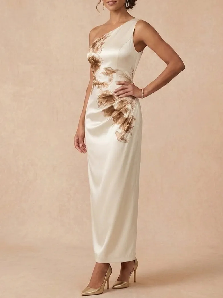 One-Shoulder Floral Satin Maxi Mother of the Bride Dress