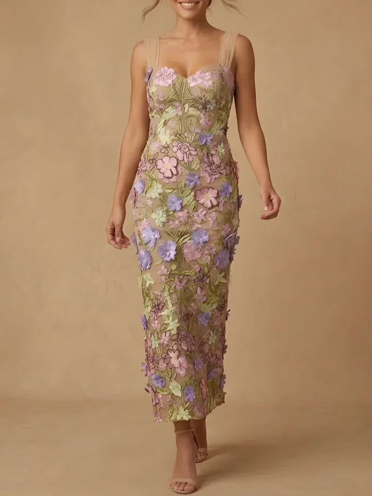 Elegant Pastel Floral Embroidered Mother of the Bride Maxi Dress with 3D Appliques