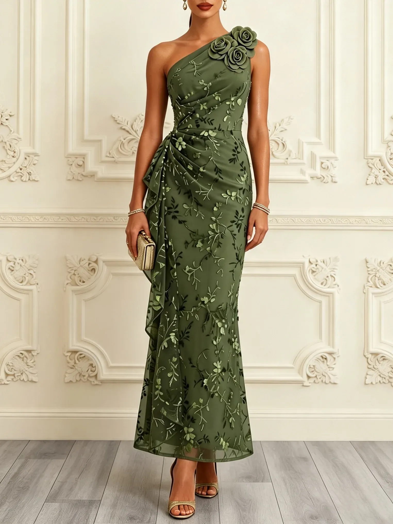 Army Green 3D Floral Ruffled Classic One Shoulder Sleeveless Mermaid Maxi Dress - Army Green