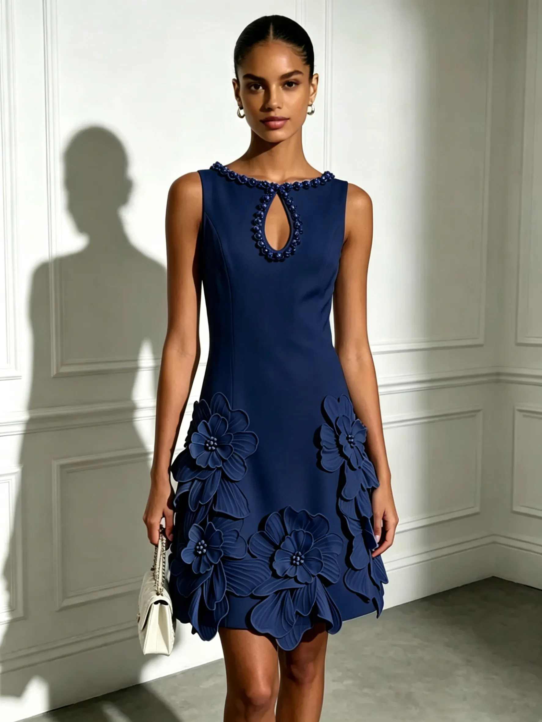 Navy Blue 3D Floral Pearl Classic Boat Neck Sleeveless A-Line Mini Dress
