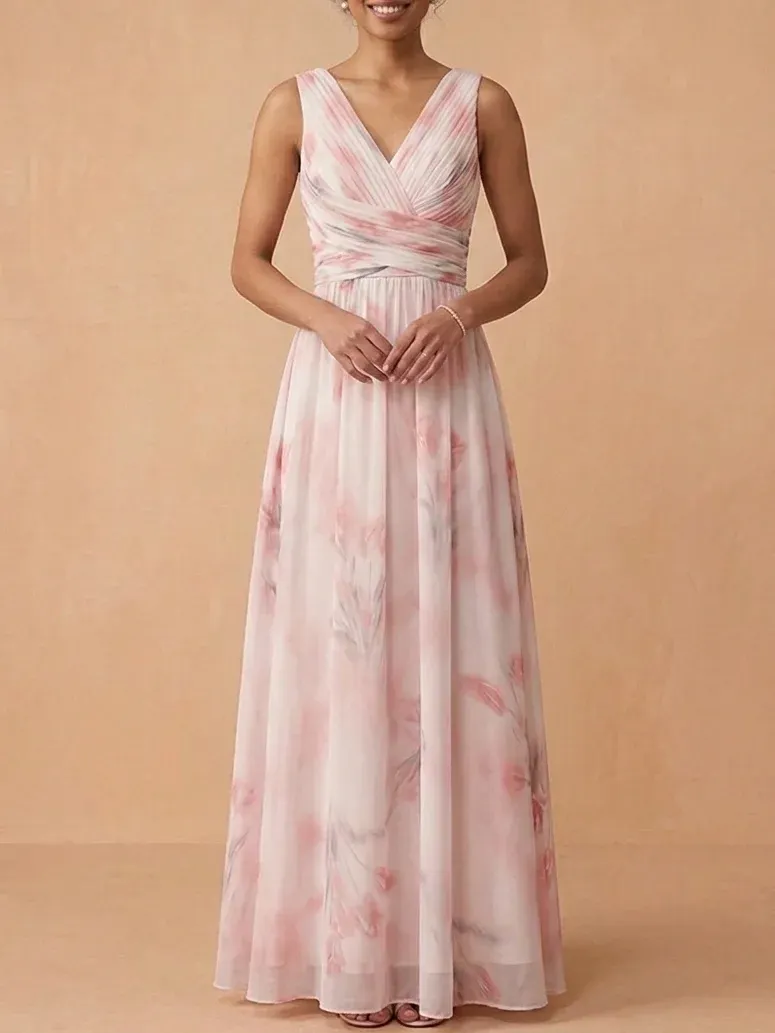 Blush Pink Floral Chiffon V Neck A-Line Maxi Bridesmaid Dress