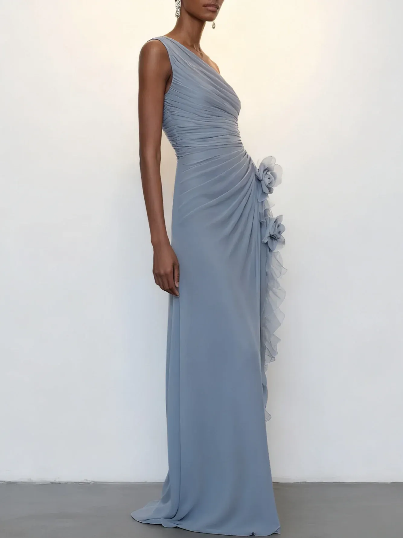 Light Blue 3D Floral Chiffon One Shoulder Sleeveless Sheath Maxi Dress