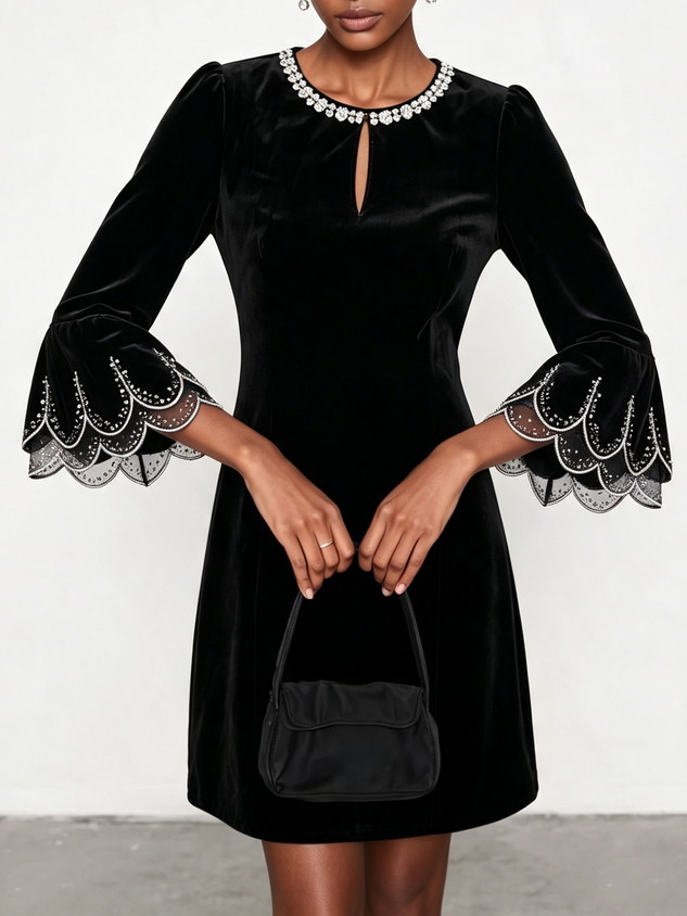 Black Rhinestone Velvet Crew Neck Three Quarter Sleeve Bell Sleeve A-Line Mini Dress