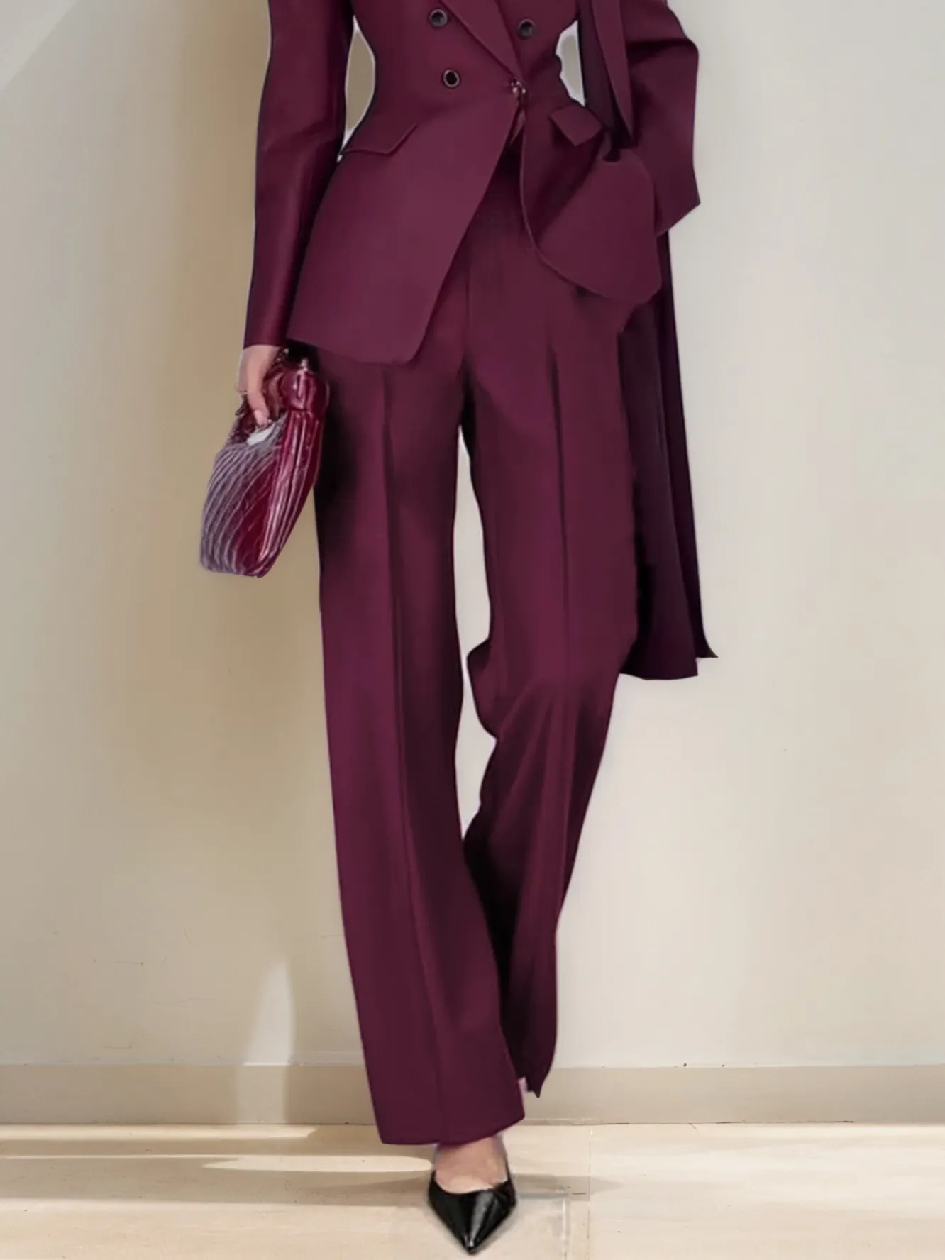 Women Wine Red Buckle Shoulder Pad Lapel Collar Long Sleeve Dressy Blazer With Pants Two-Piece Set
