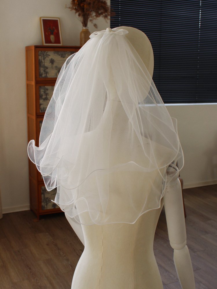 Short Bow-embroidered Double-layered Rolled-edge Bridal Veil