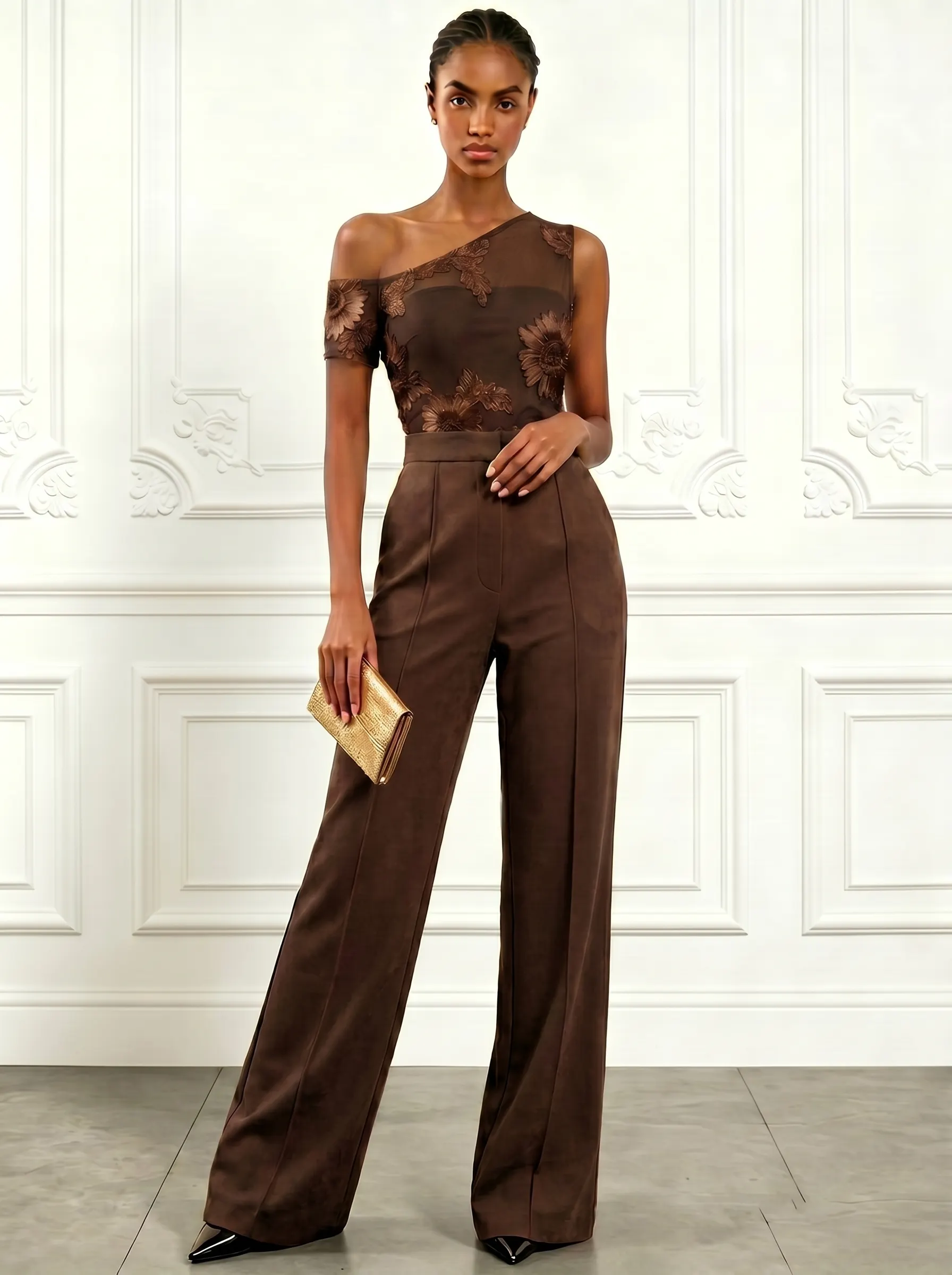 Women Coffee Brown 3D Floral Off The Shoulder Short Sleeve Elegant Jumpsuit